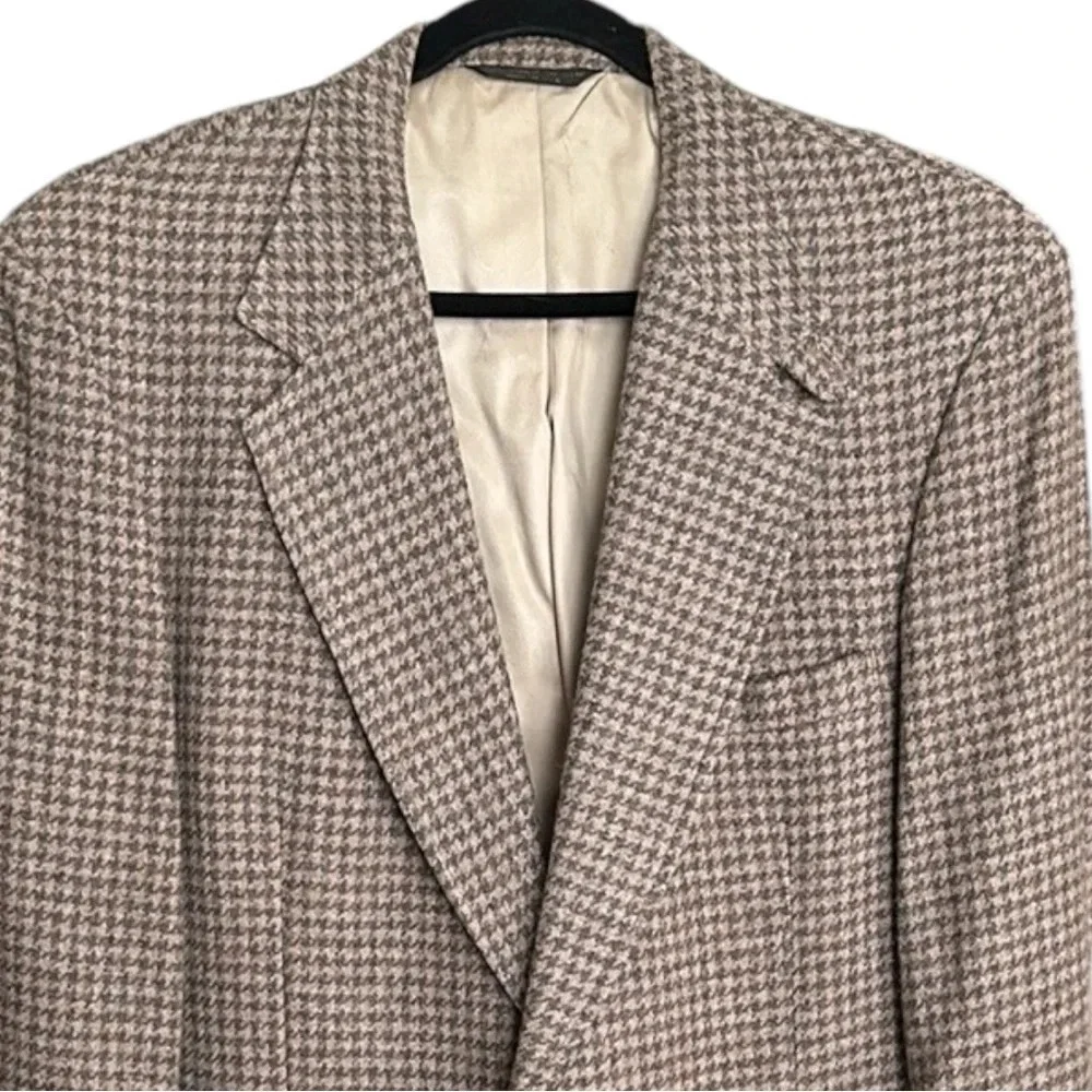 Vintage Wool Tan Houndstooth Sport Coat Blazer Academia‎ Career Elbow Patch 42L